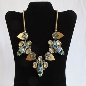 J. Crew Brass Ox Riviera Blue Statement Necklace Antiqued Chunky Green Clear